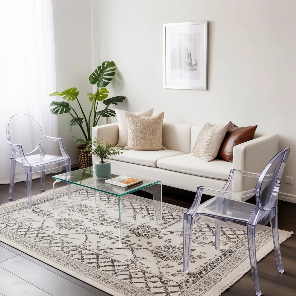 acrylic ghost furniture in small studio apartment
