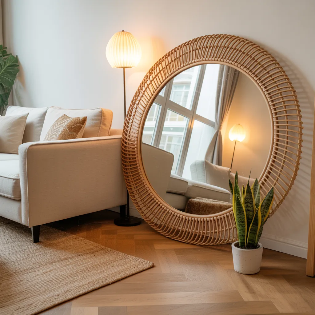  Small apartment living room with large round rattan mirror reflecting natural light and doubling the space