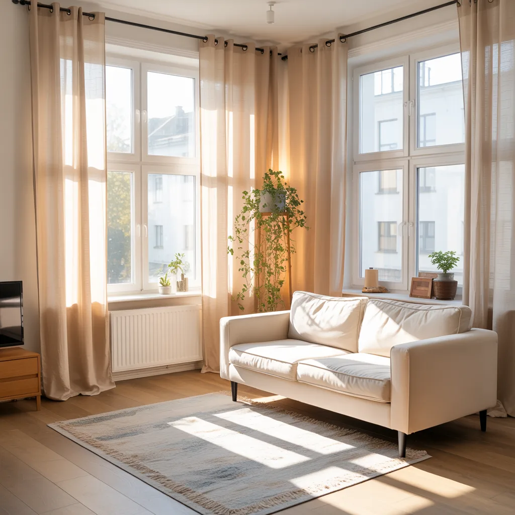  Small apartment living room with sheer linen curtains maximizing natural sunlight