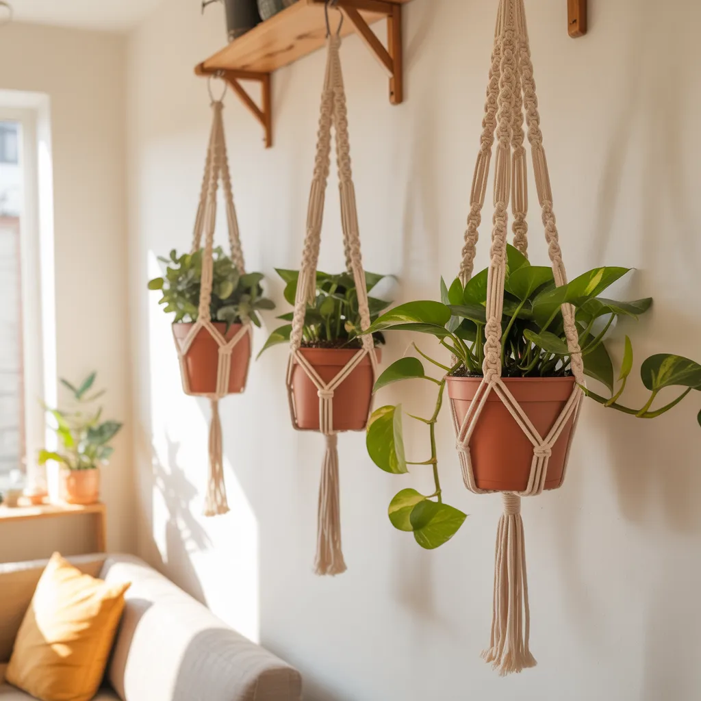 Small apartment living room with vertical macramé plant wall holding trailing pothos in terracotta pots