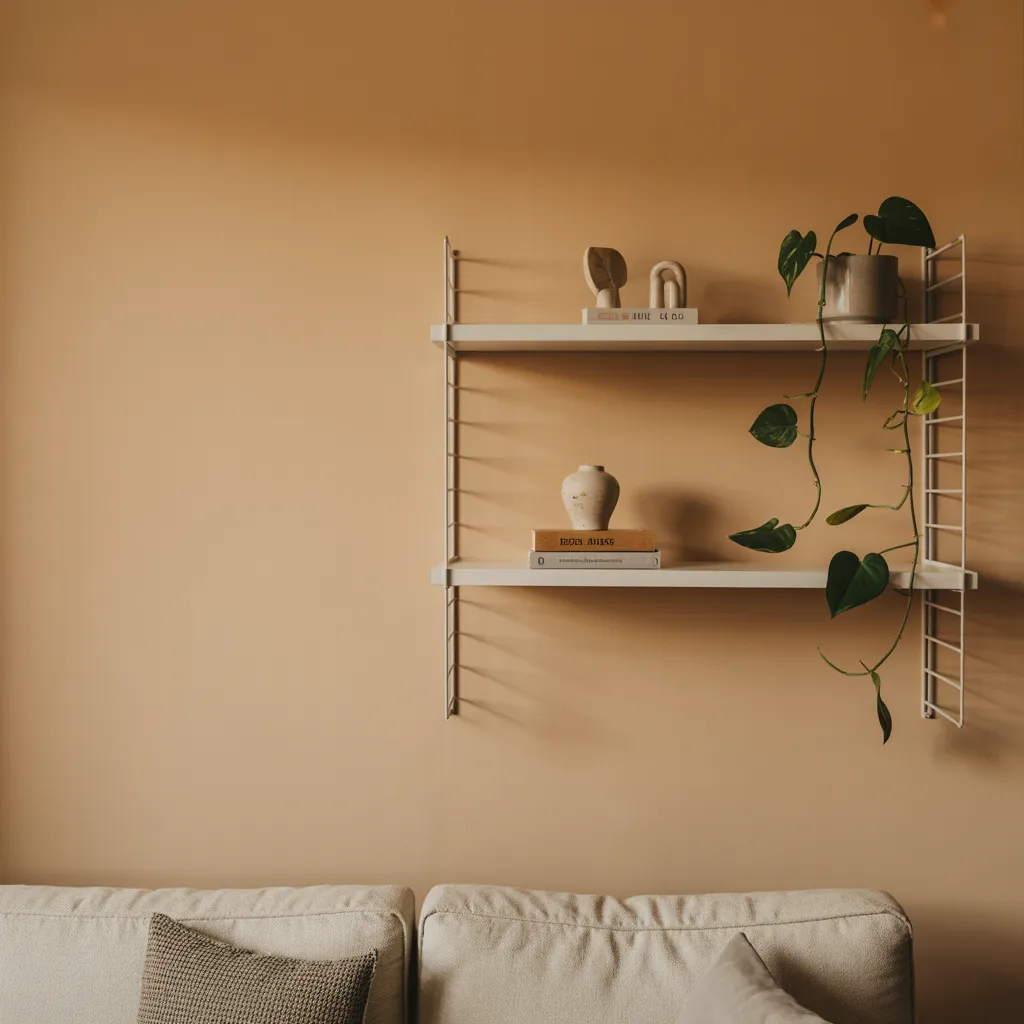  Small apartment living room with minimal floating shelves styled with plant, vase, and books