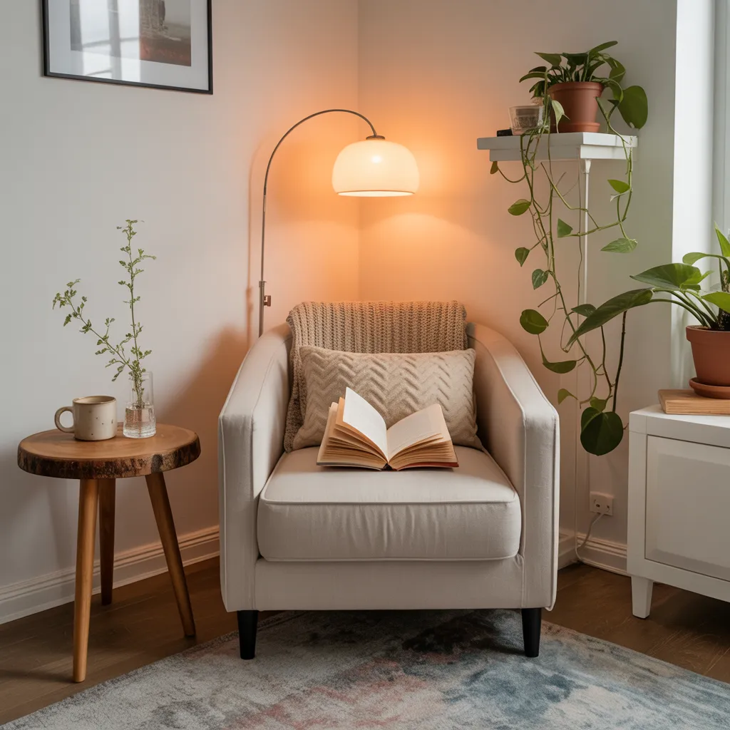 Small apartment living room cozy reading nook with linen armchair, arc floor lamp, and live-edge side table