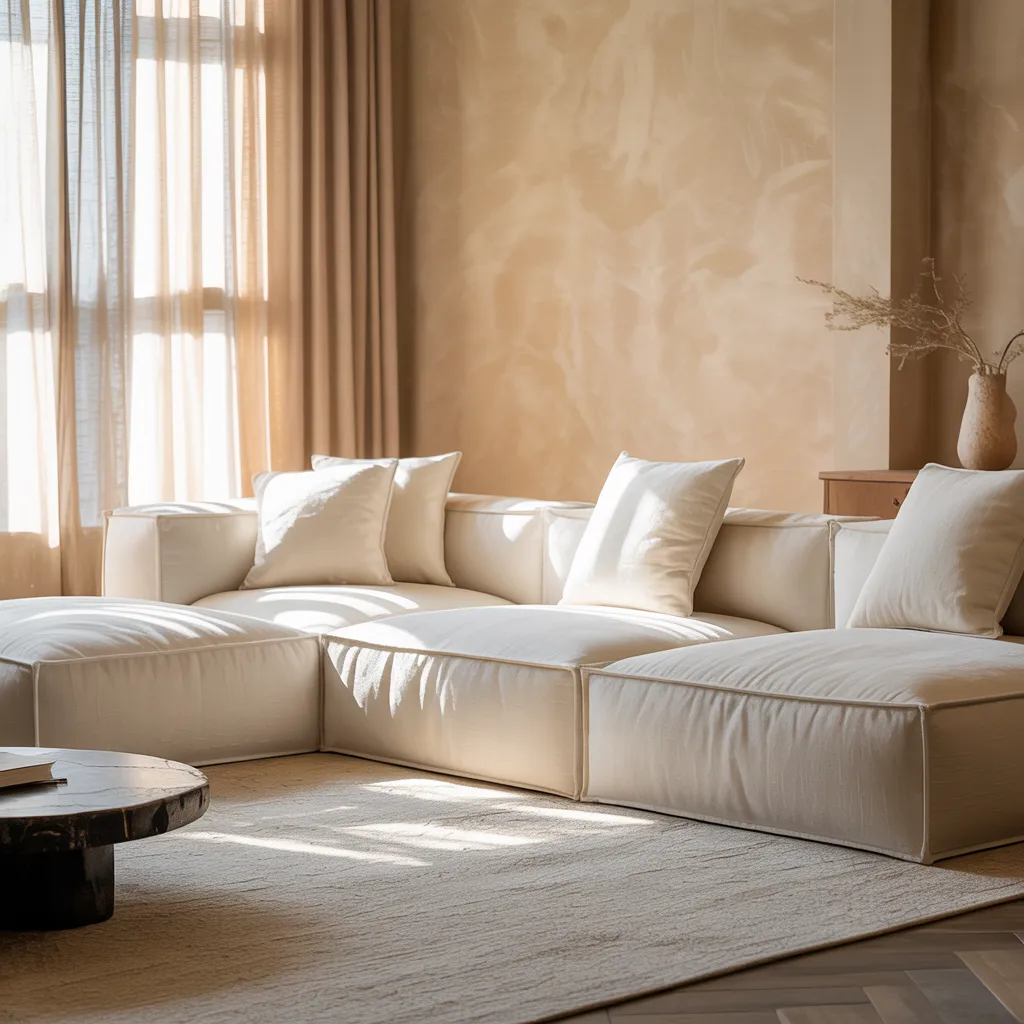 Cream linen sectional sofa in warm minimalist living room

