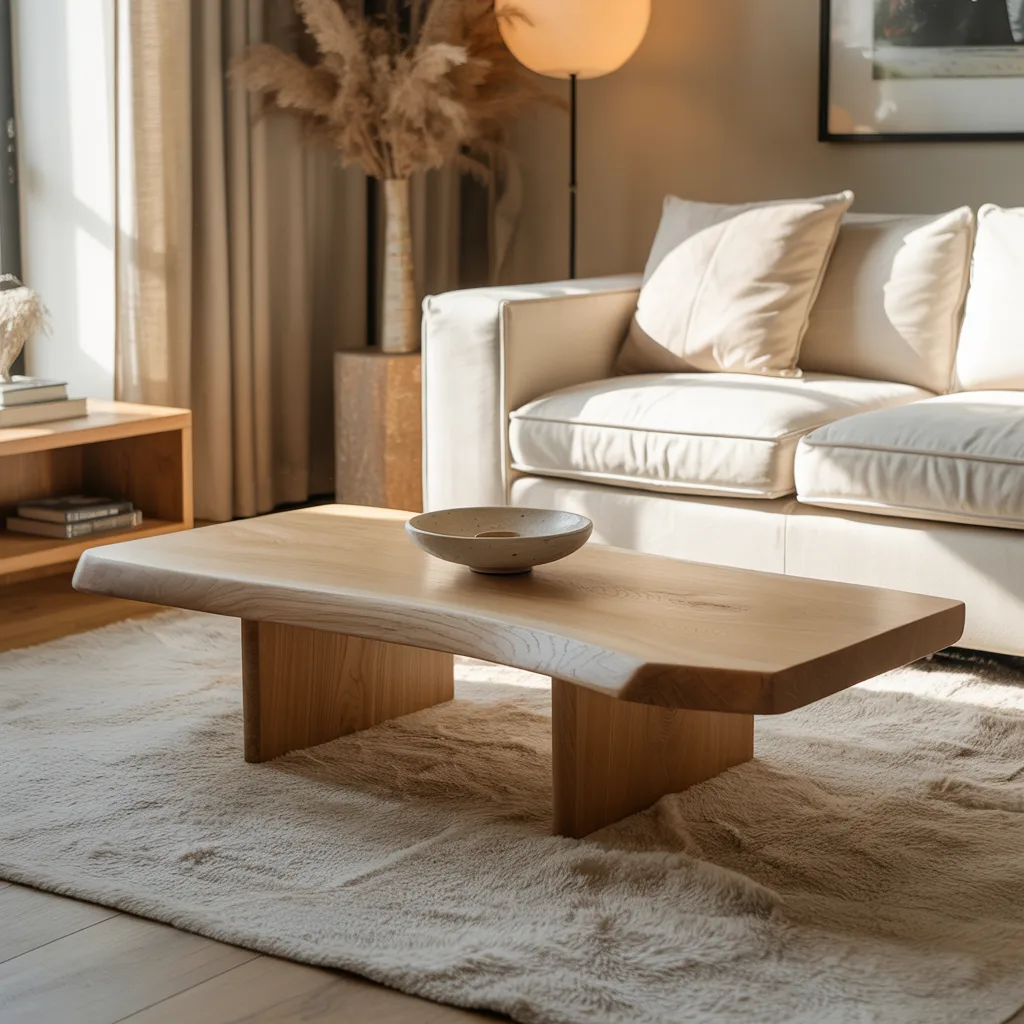Live-edge oak coffee table in minimalist living room
