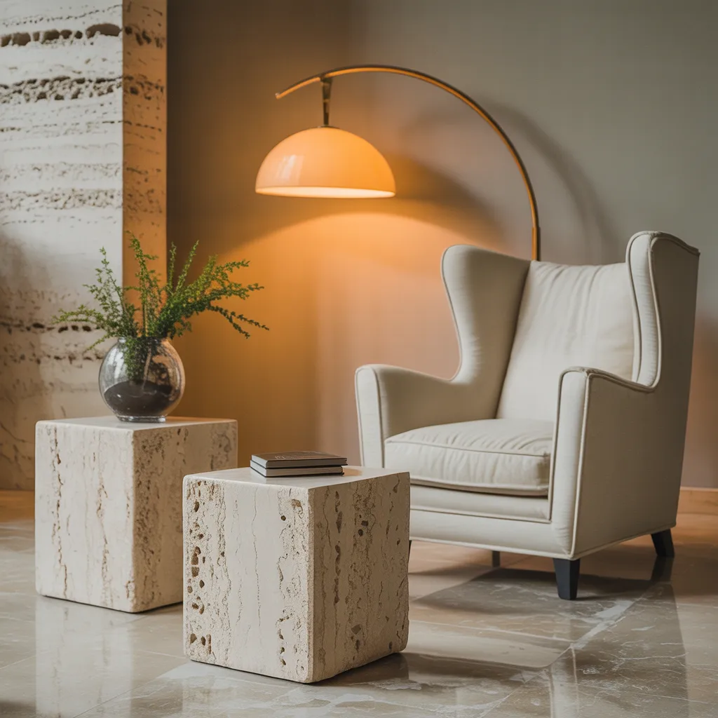 Staggered travertine plinths as minimalist side tables

