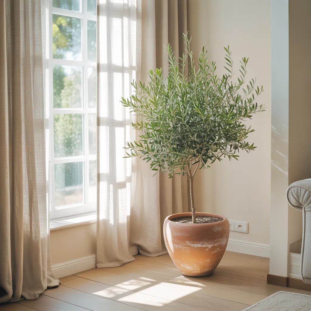 Indoor olive tree in terracotta pot minimalist corner
