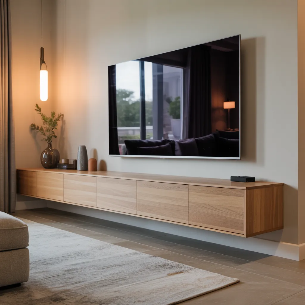 Floating hidden media console minimalist living room
