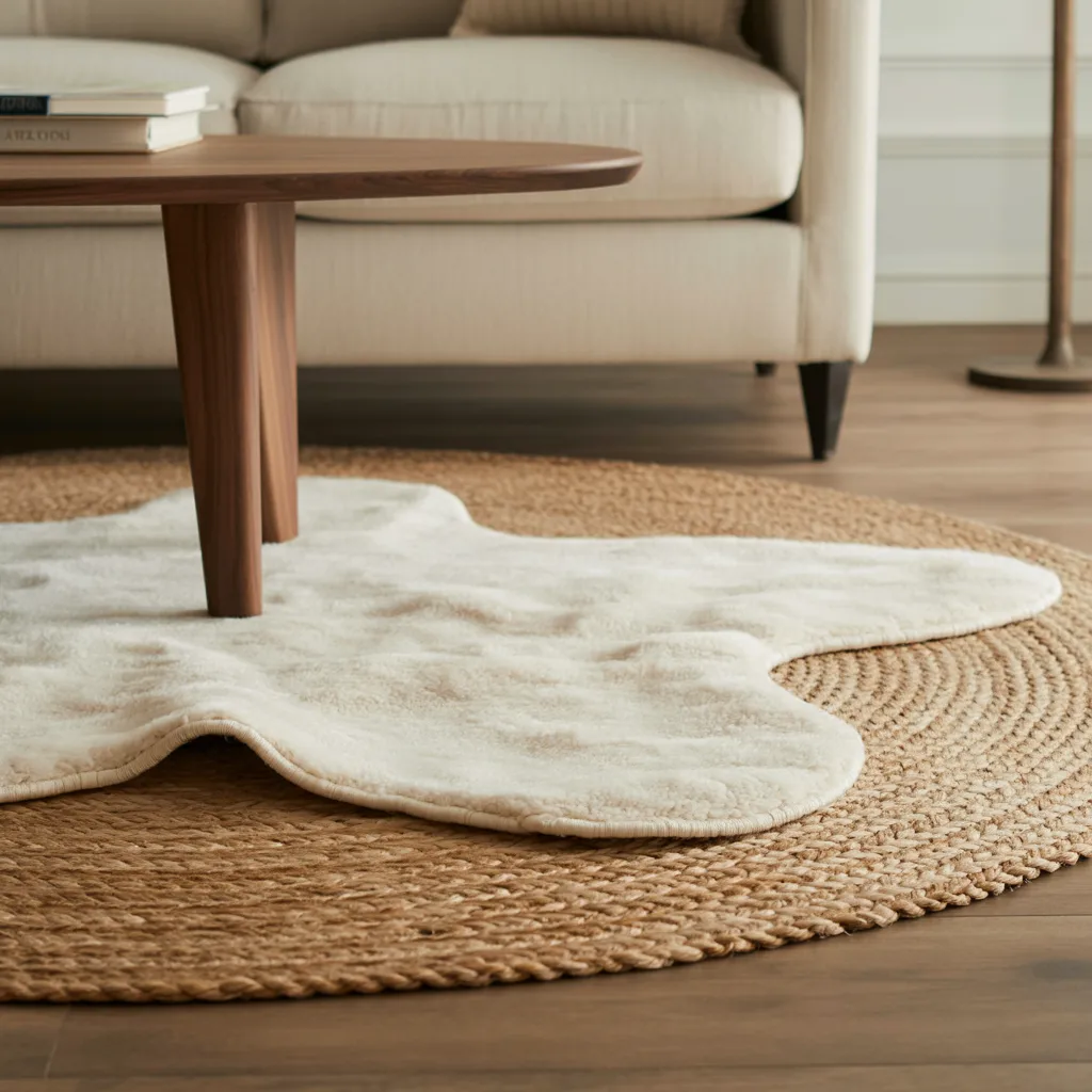 Layered jute and bouclé rug minimalist living room
