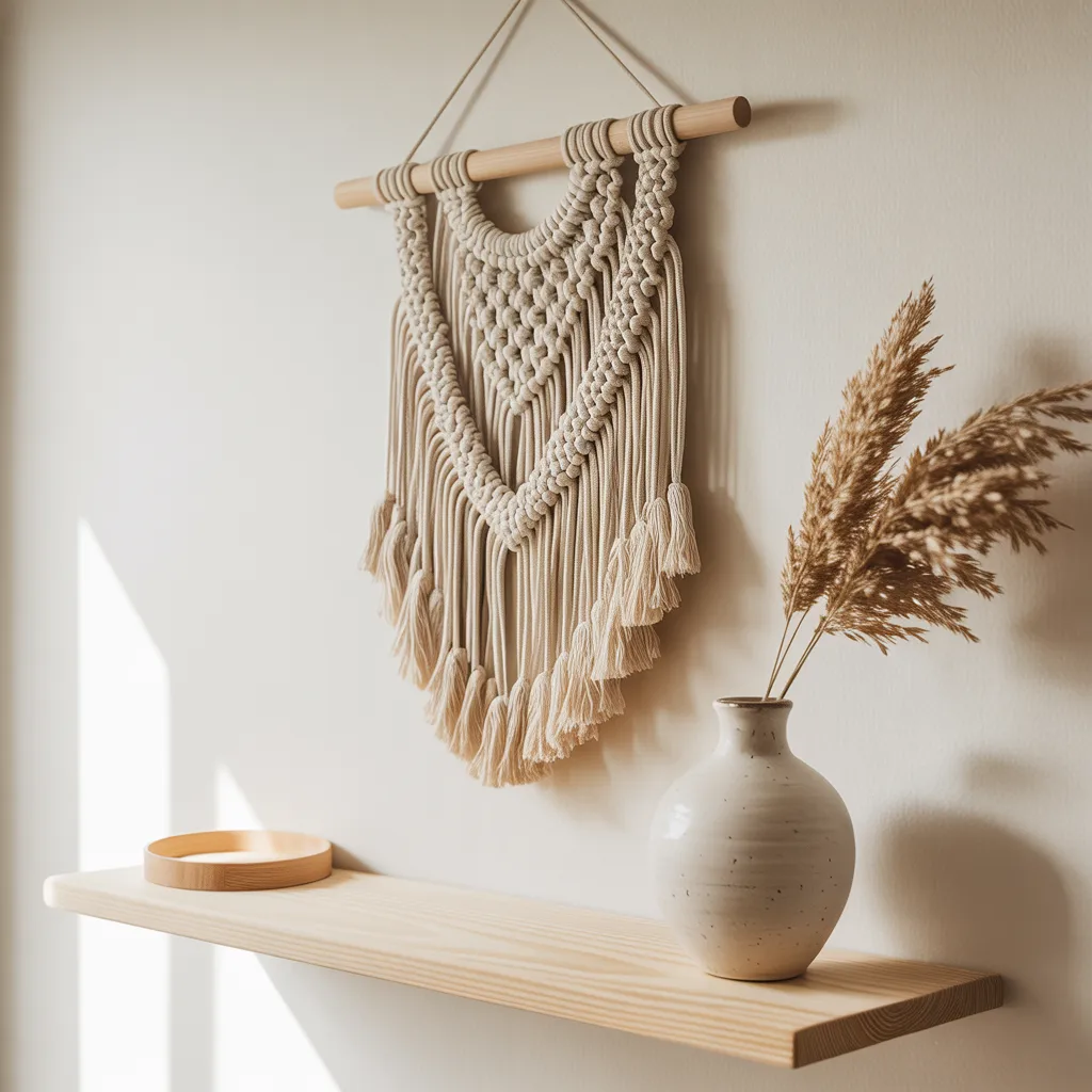 Hand-woven macramé wall shelf with trailing plant
