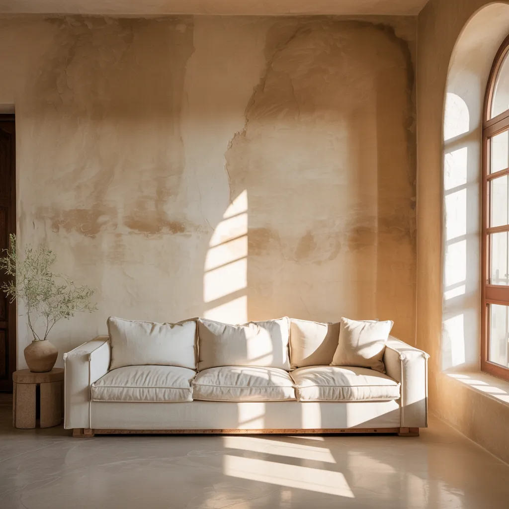 Lime plaster walls warm minimalist living room
