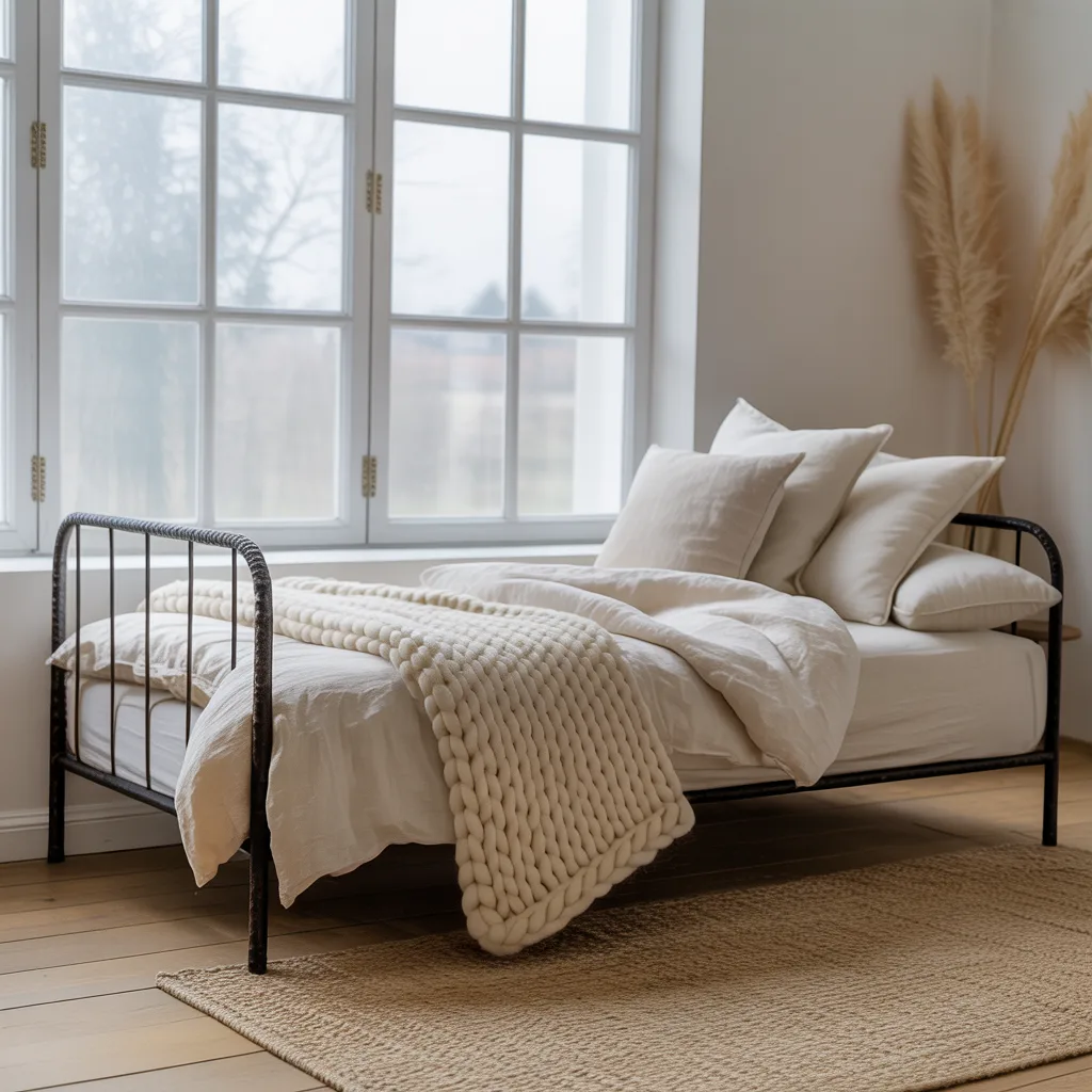 Iron canopy daybed with linen bedding minimalist room
