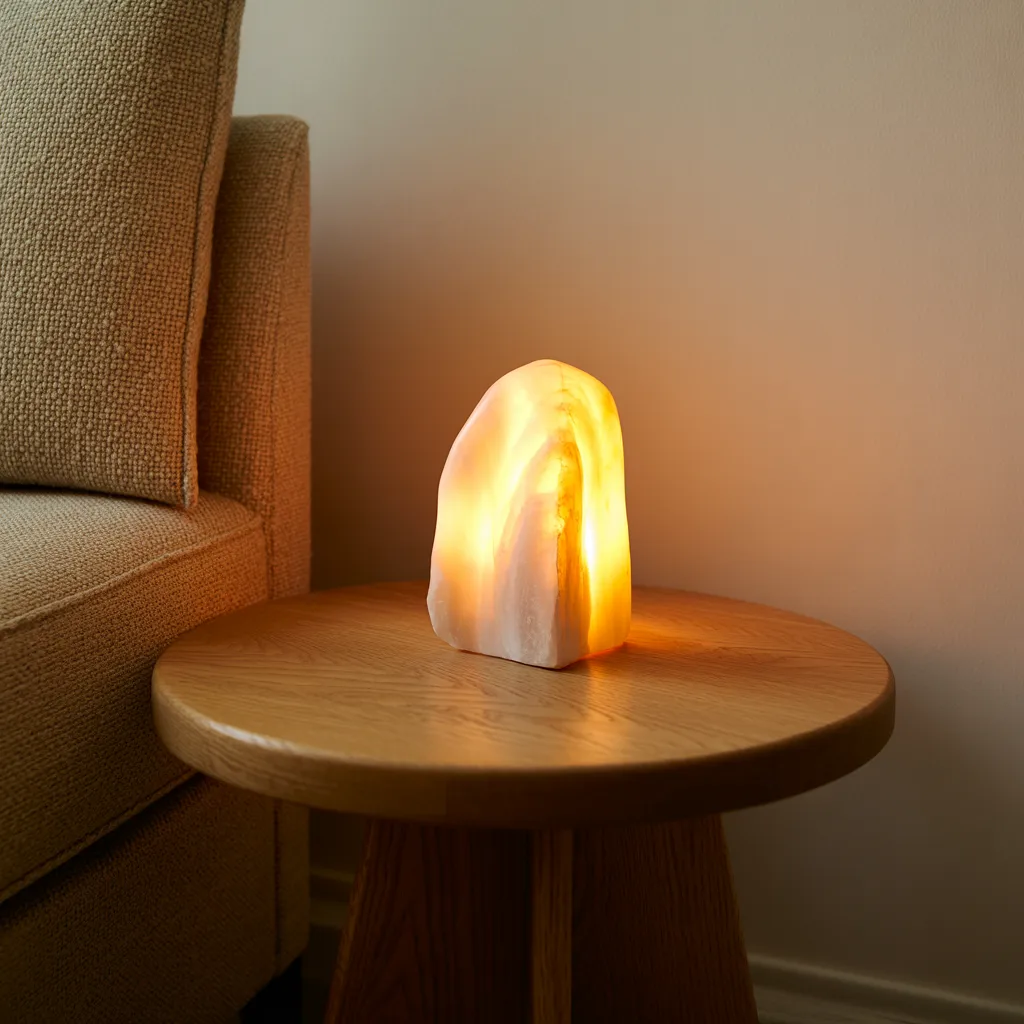 Raw alabaster stone lamp warm minimalist living room
