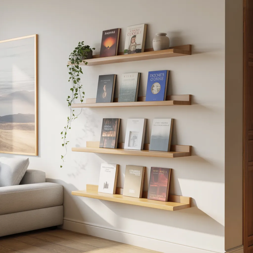 Floating oak book ledges minimalist wall display
