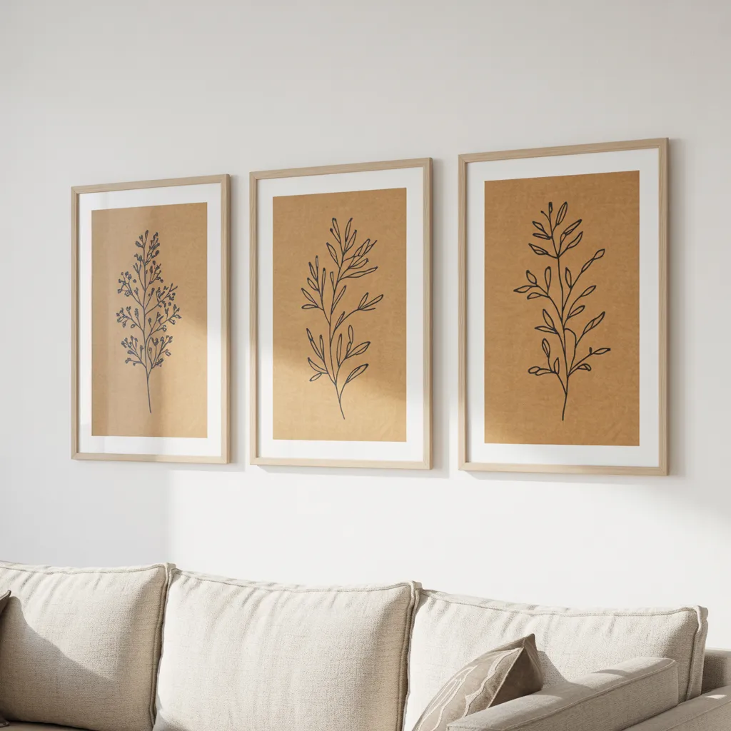 Minimalist botanical line art triptych neutral living room

