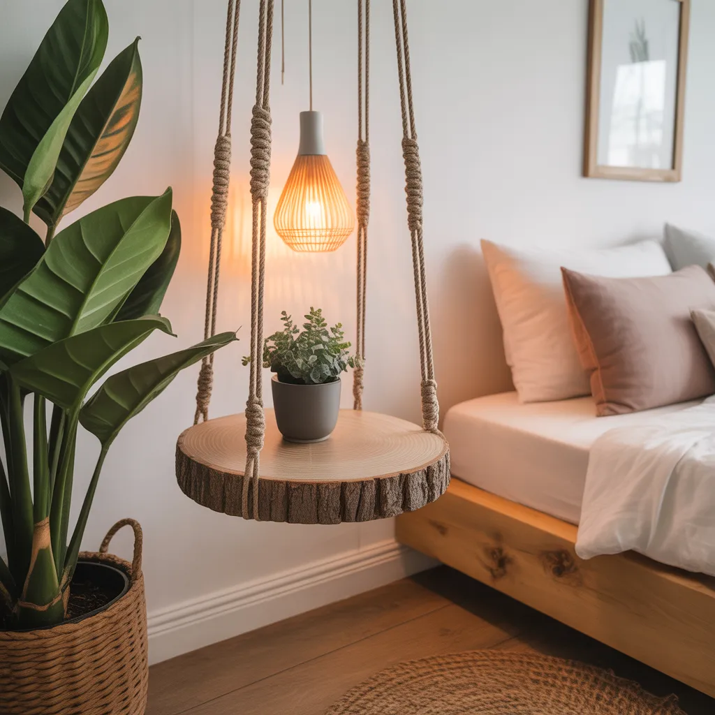 macrame hanging nightstand beside bed in small room
