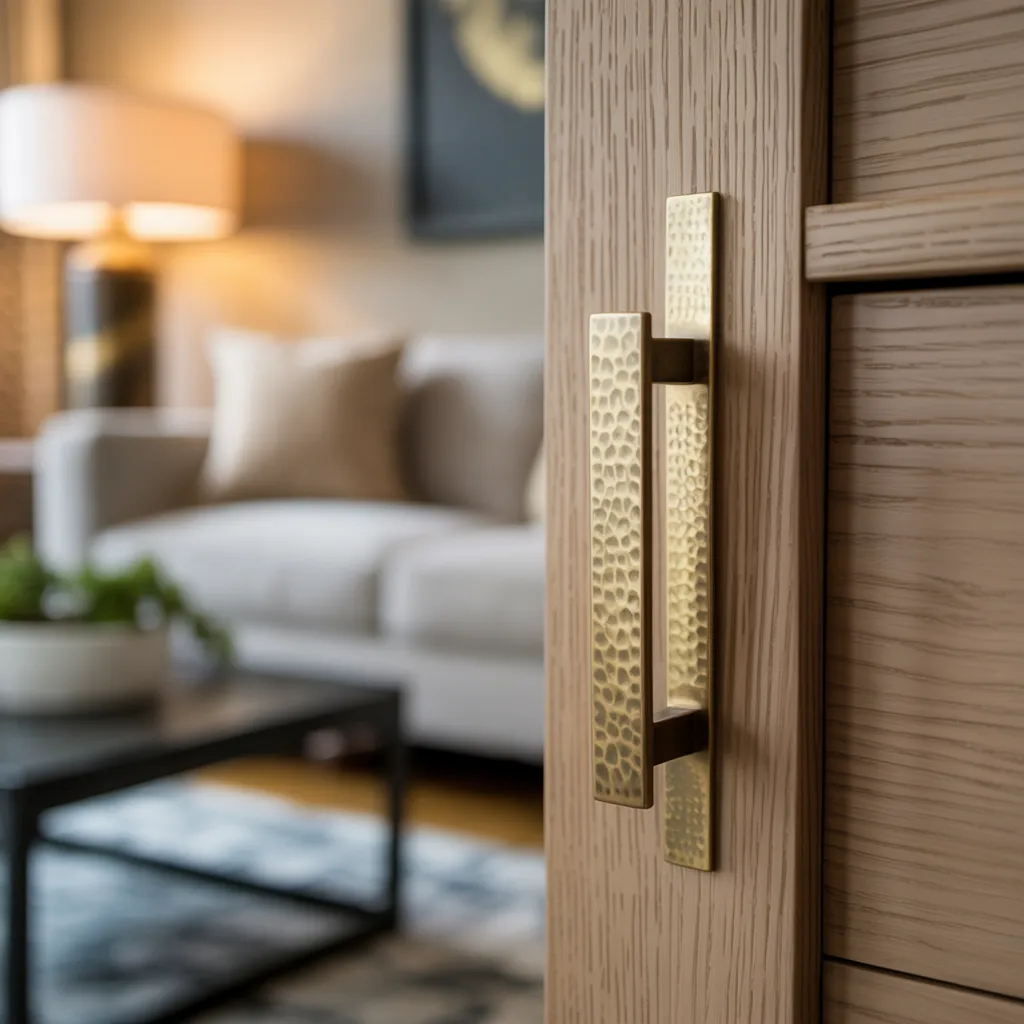 Hand-hammered brushed brass hardware minimalist storage
