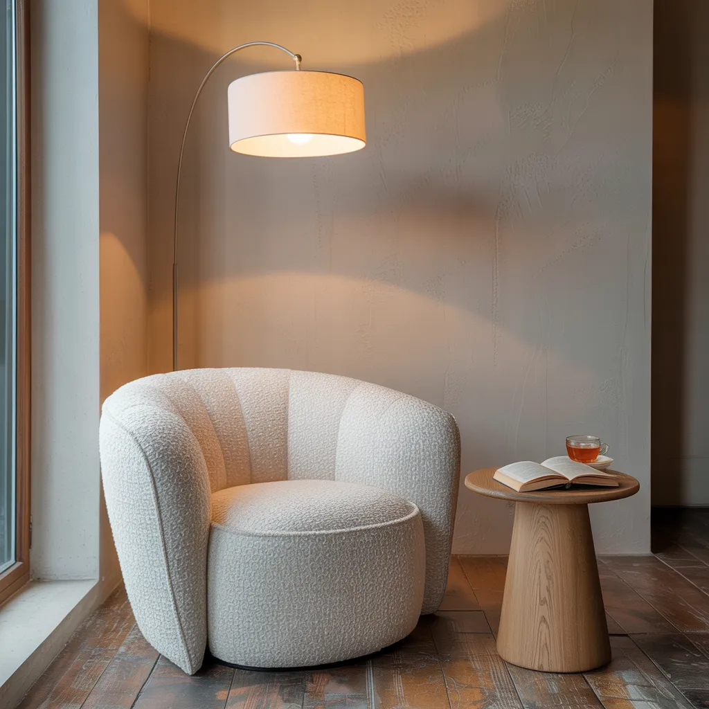Curved bouclé accent chair minimalist reading nook
