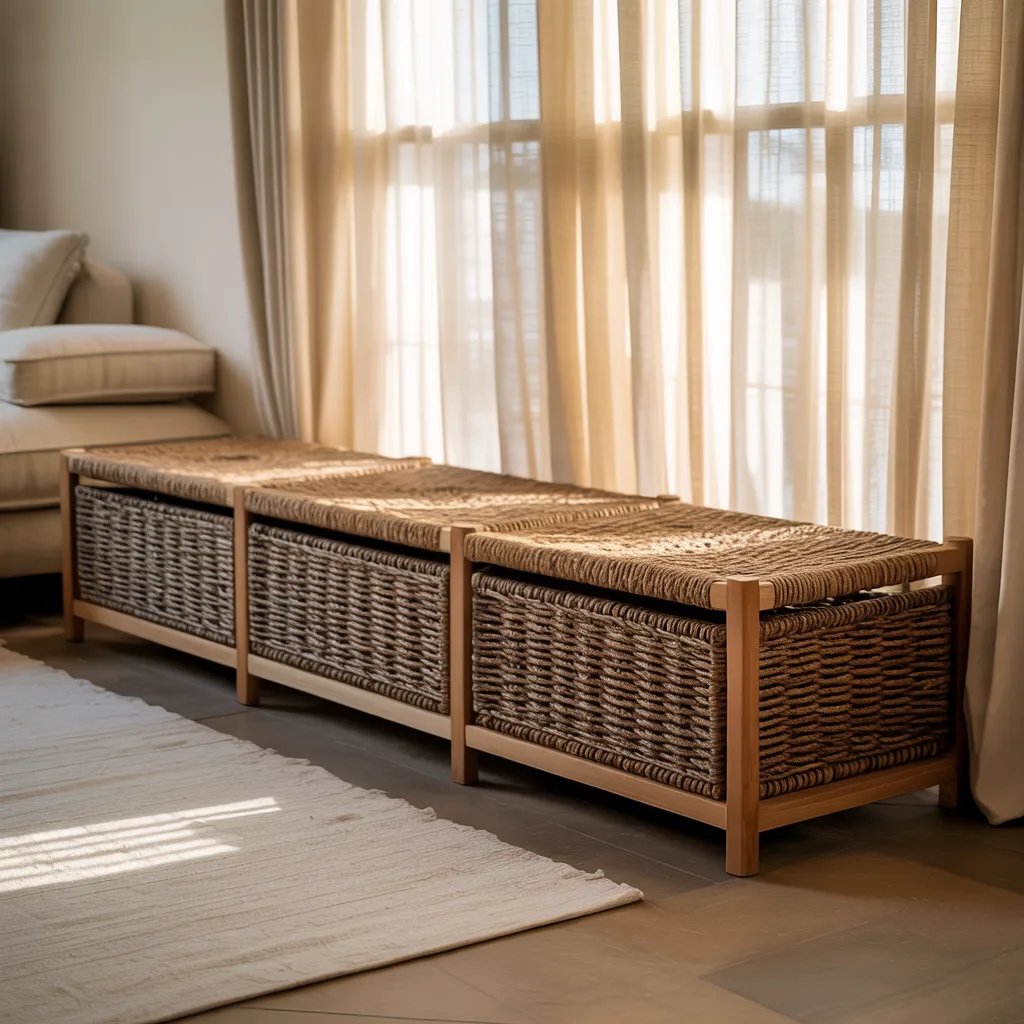 Seagrass storage bench organic minimalist living room
