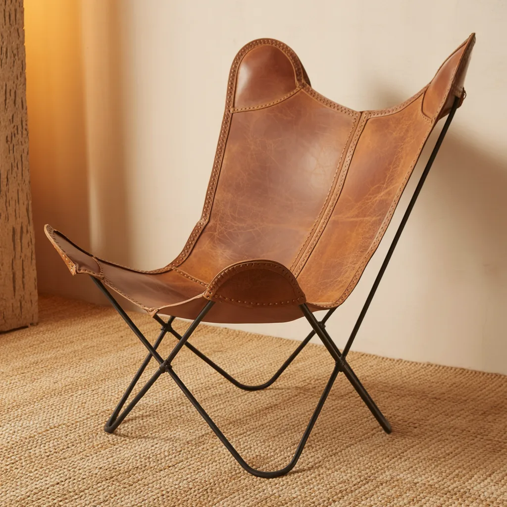Distressed suede butterfly chair minimalist decor
