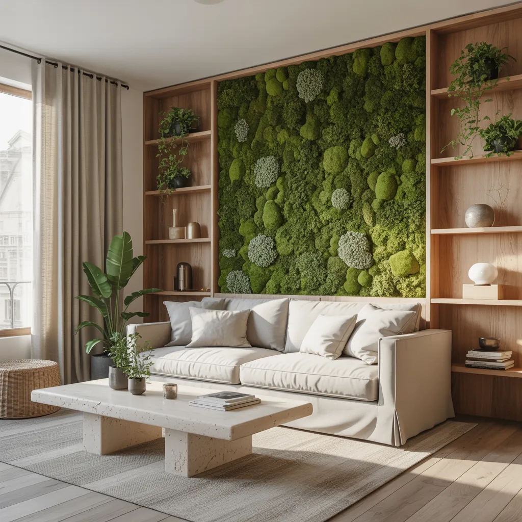 Biophilic living wall feature minimalist living room

