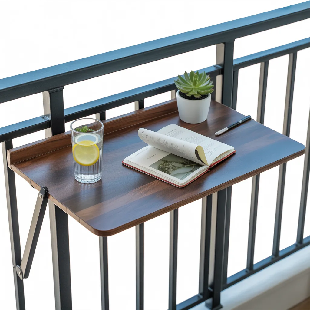 Foldable railing table idea for compact balcony space
