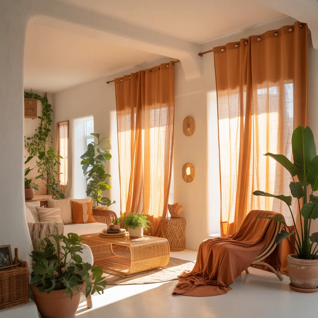 terracotta curtains in cozy warm living room