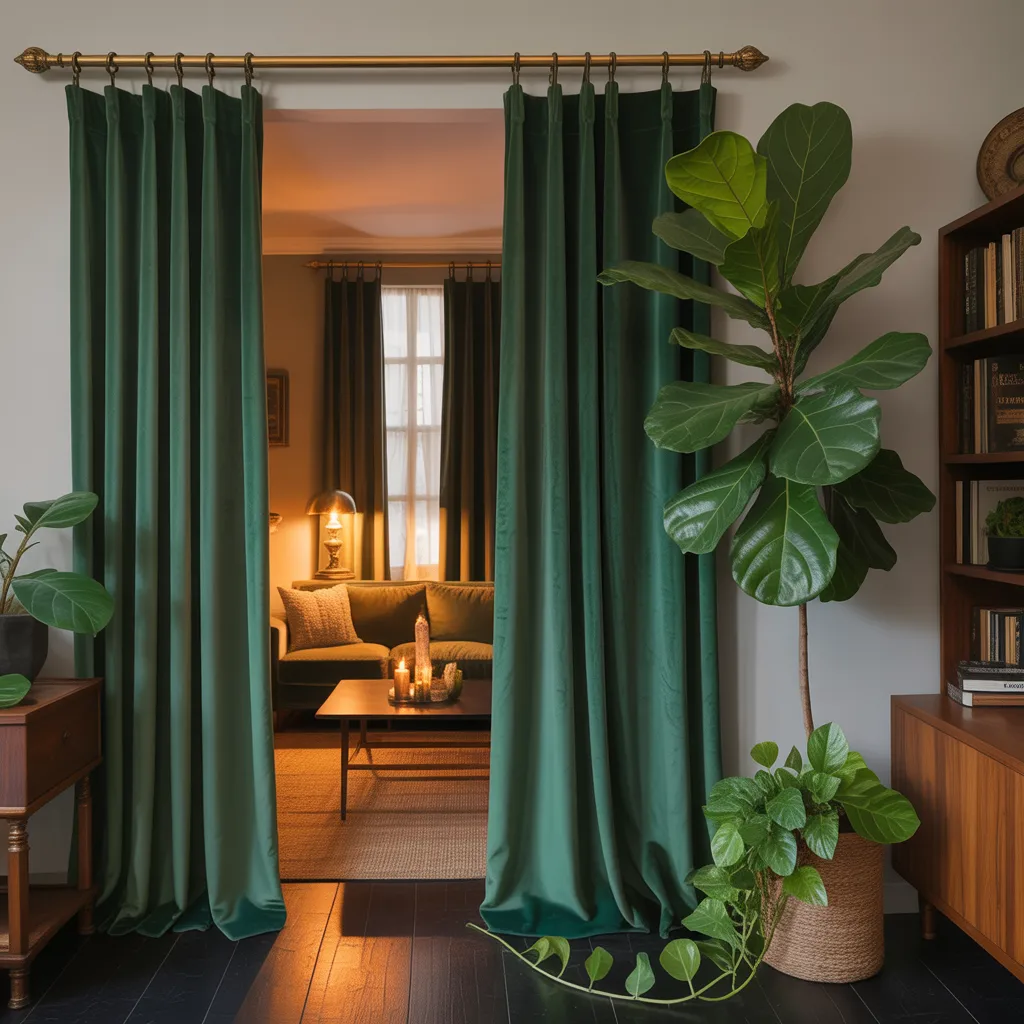 moss green velvet curtains with plants decor