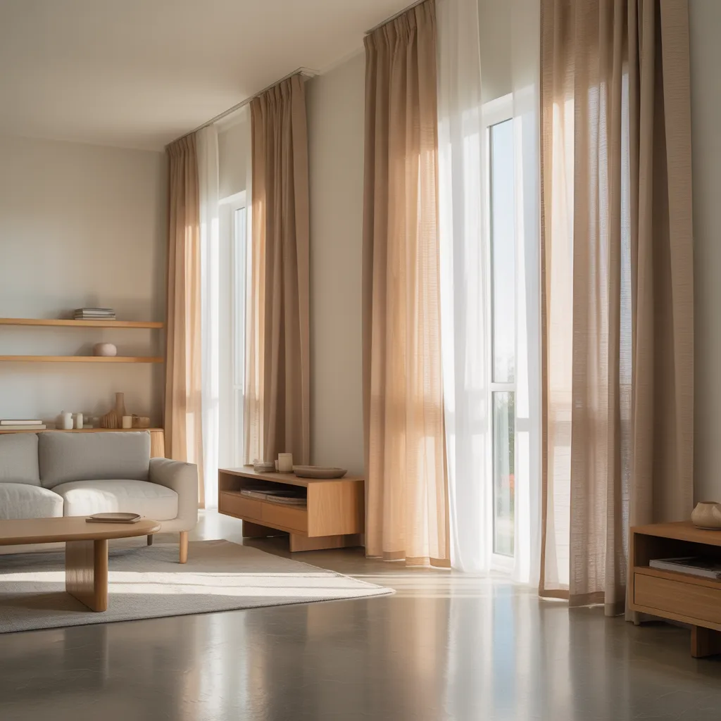neutral minimalist curtains calm living room