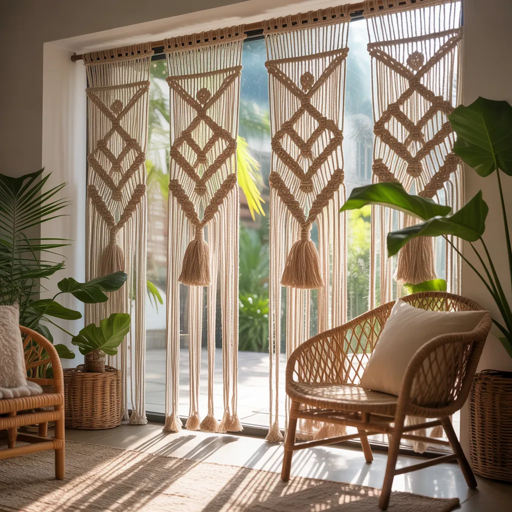 boho macrame curtains in artistic living room
