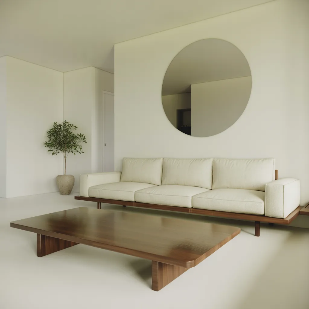 Minimalist walnut coffee table in a bright modern living room layout.