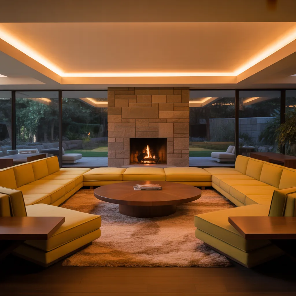 Sunken conversation pit with neutral sectional sofa and fireplace.