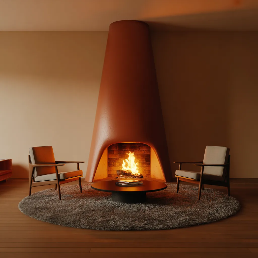 Vibrant orange retro cone fireplace in a mid century modern home.