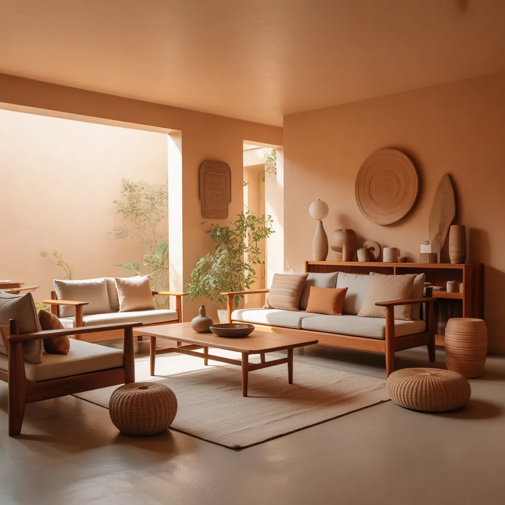 Mid century modern living room with teak sideboard and terracotta walls.