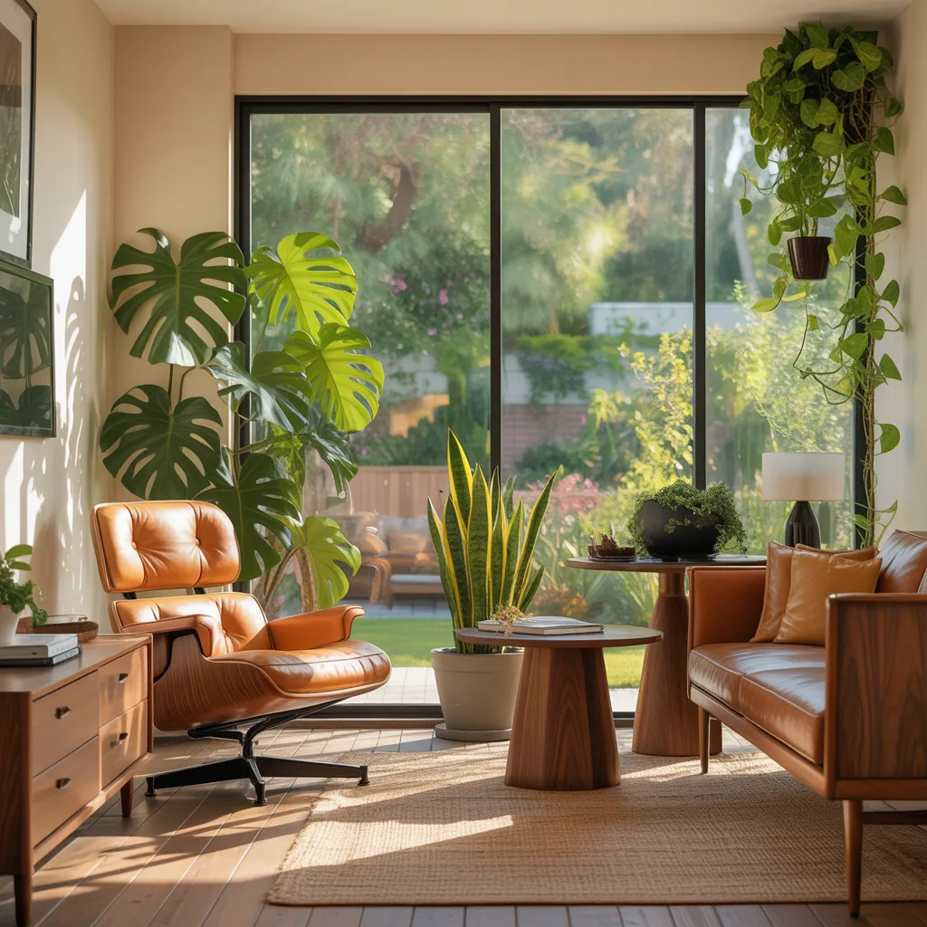 MCM living room with leather sofa and indoor tropical plants.