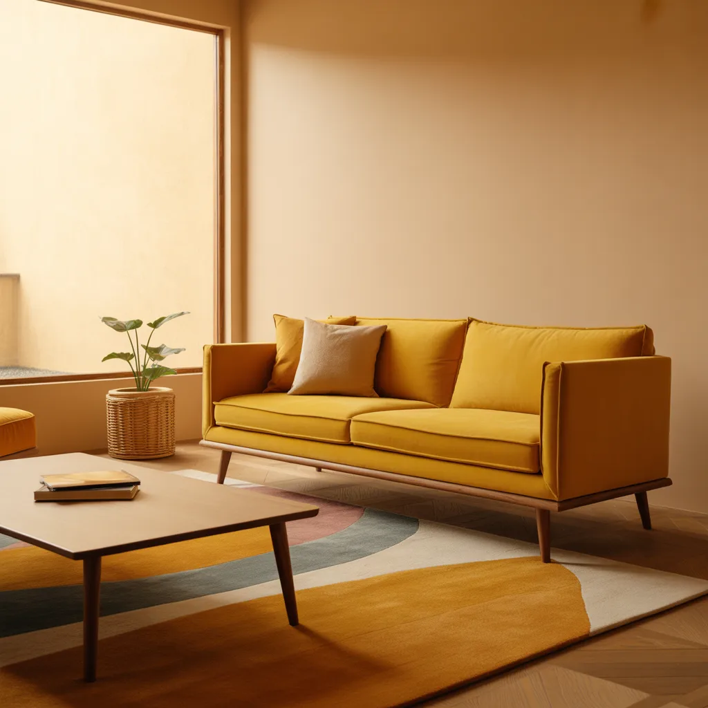 Mustard yellow sofa and light oak furniture in a sunlit living room.