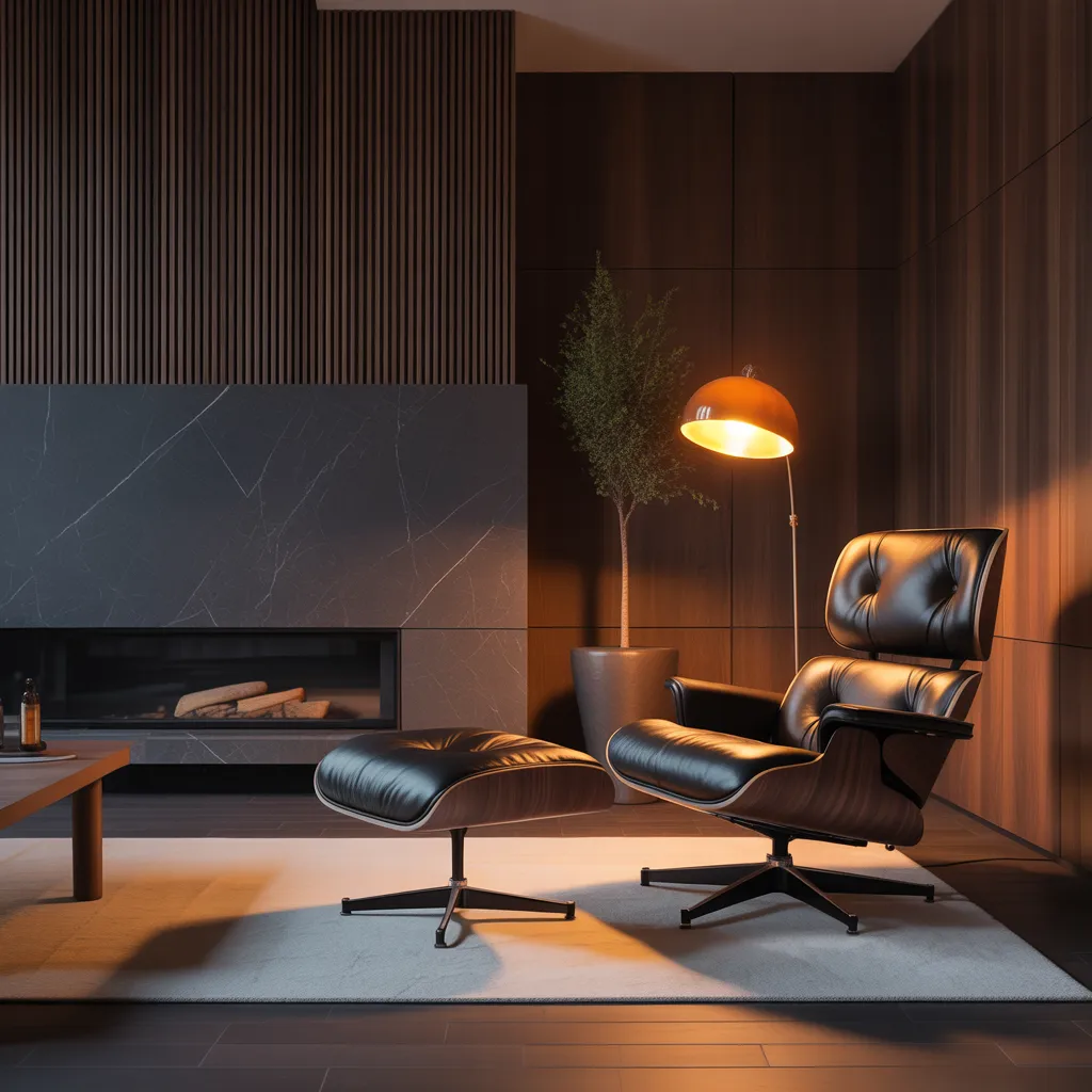 Iconic Eames lounge chair in a moody mid century modern interior.