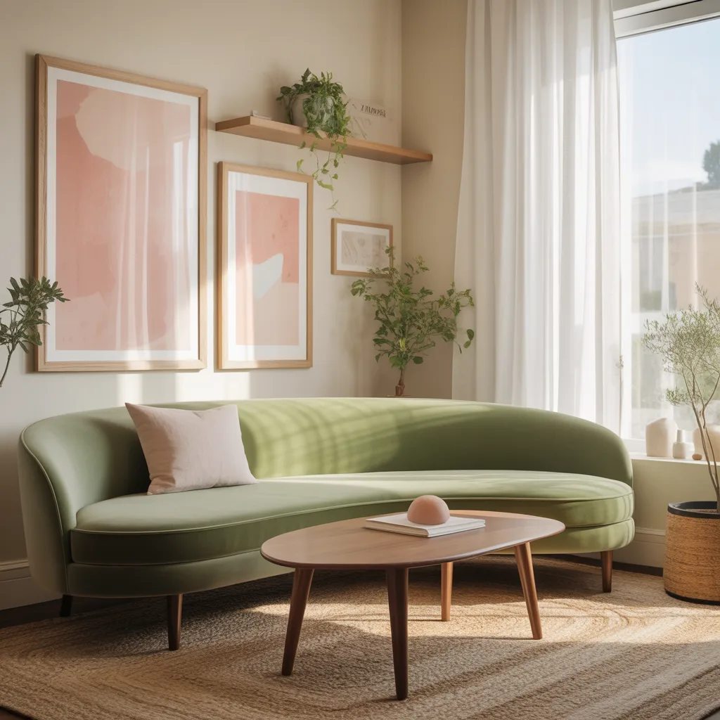 Soft sage green living room with light birch wood accents.