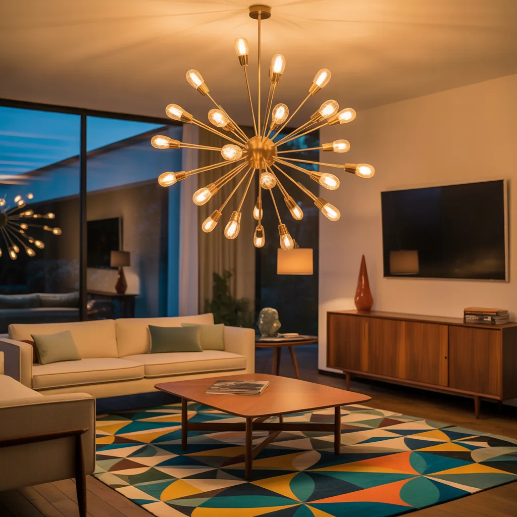 Geometric rug and brass Sputnik chandelier in a mid century room.