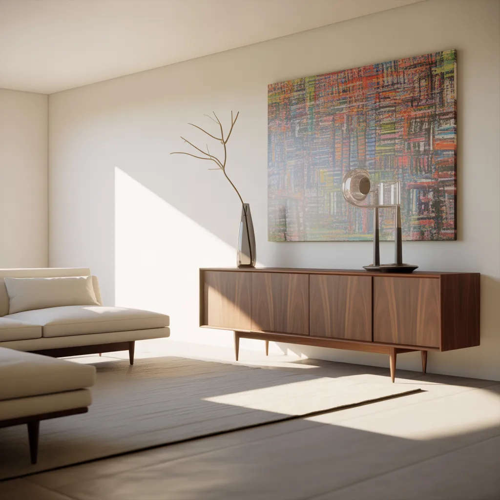 Mid century furniture with tapered legs and colorful abstract wall art.