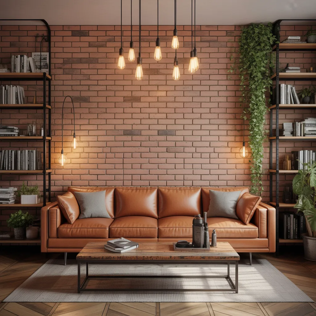 Industrial MCM living room with exposed brick and leather seating.