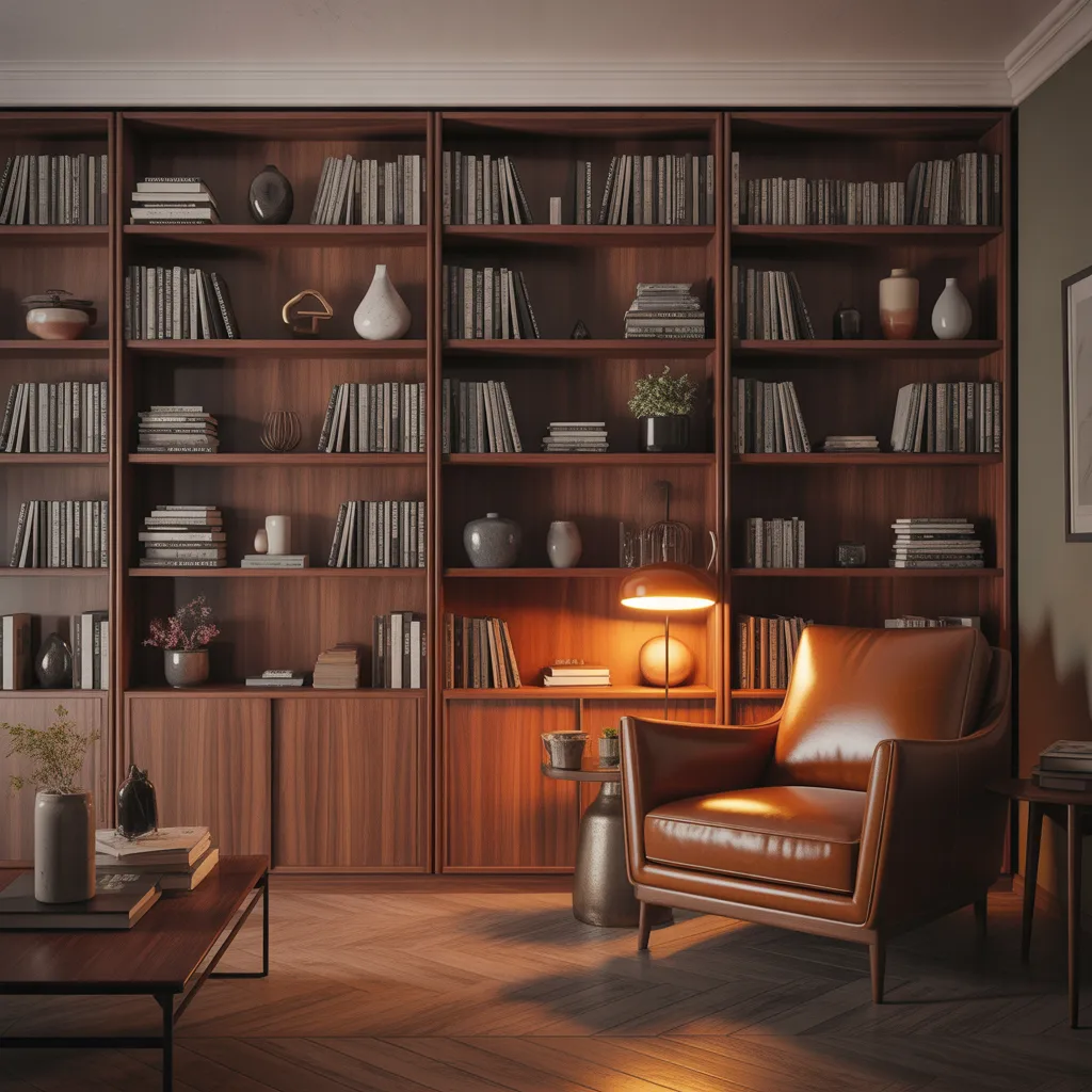 Built-in walnut bookshelves and leather armchair in an MCM library.