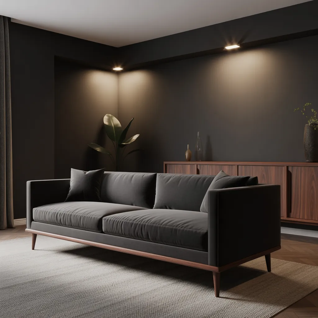 Dark charcoal living room with walnut wood furniture contrast.