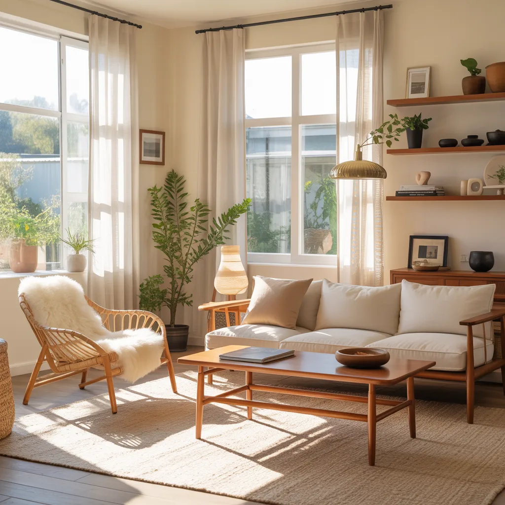 Woven rattan chair and light birch furniture in a Scandi-MCM room.