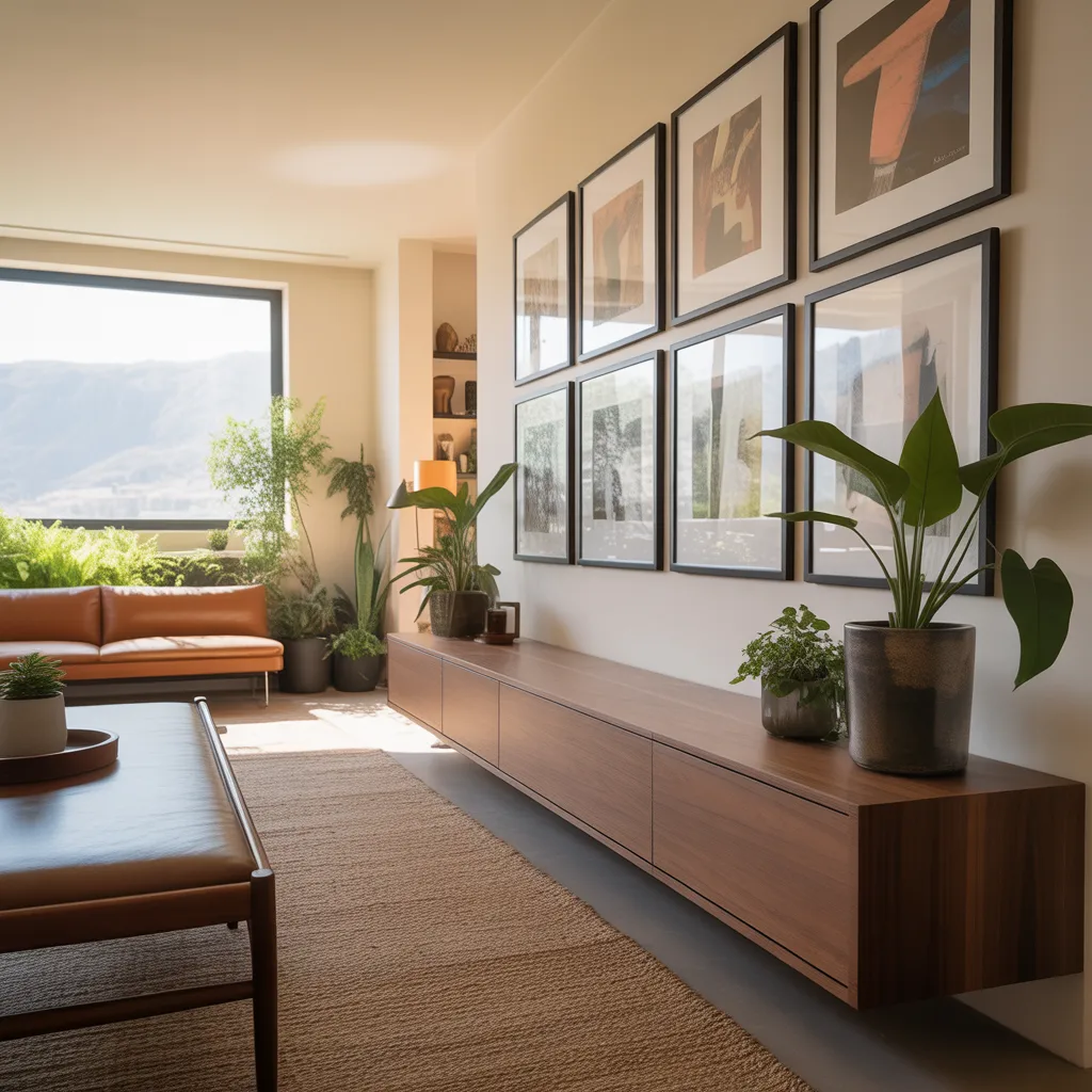 Floating walnut credenza and gallery wall in a minimalist living room.