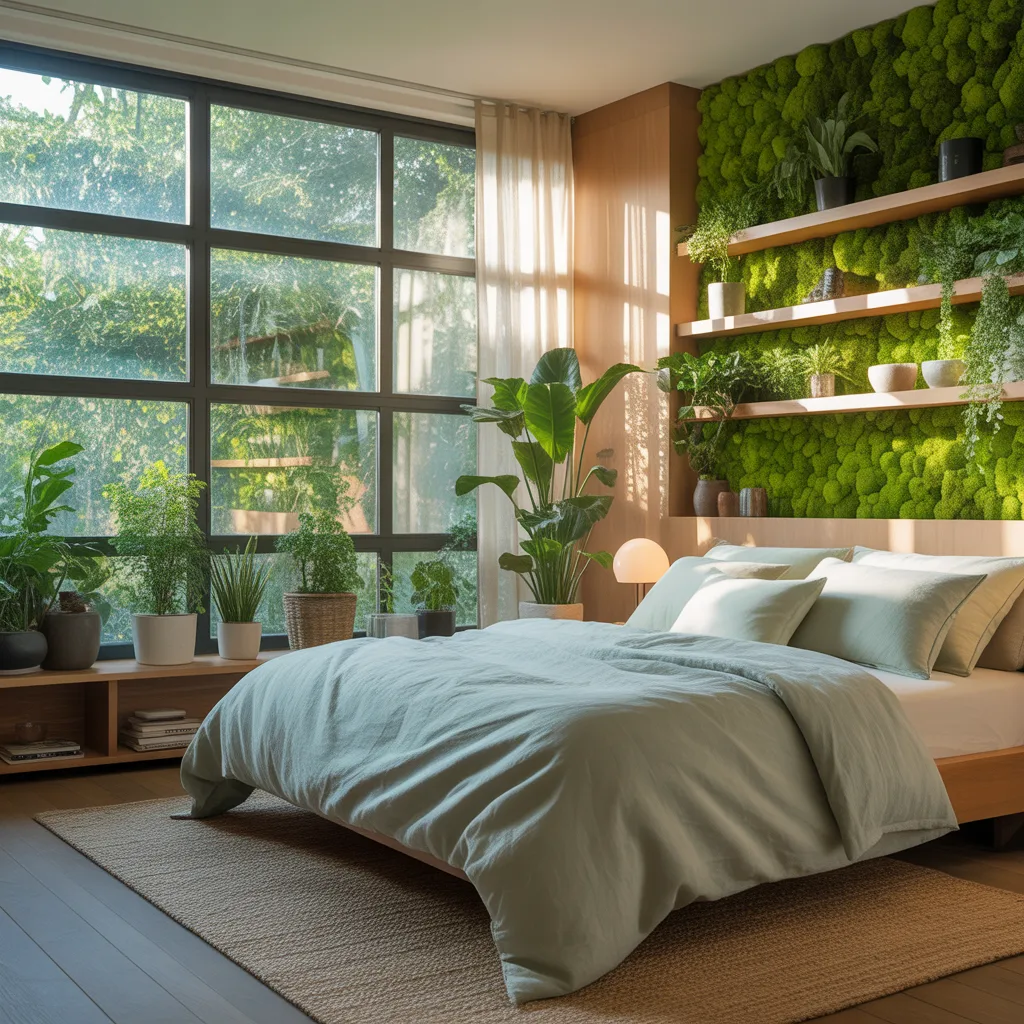 Biophilic bedroom design 2026 with preserved moss wall indoor plants and natural linen bedding