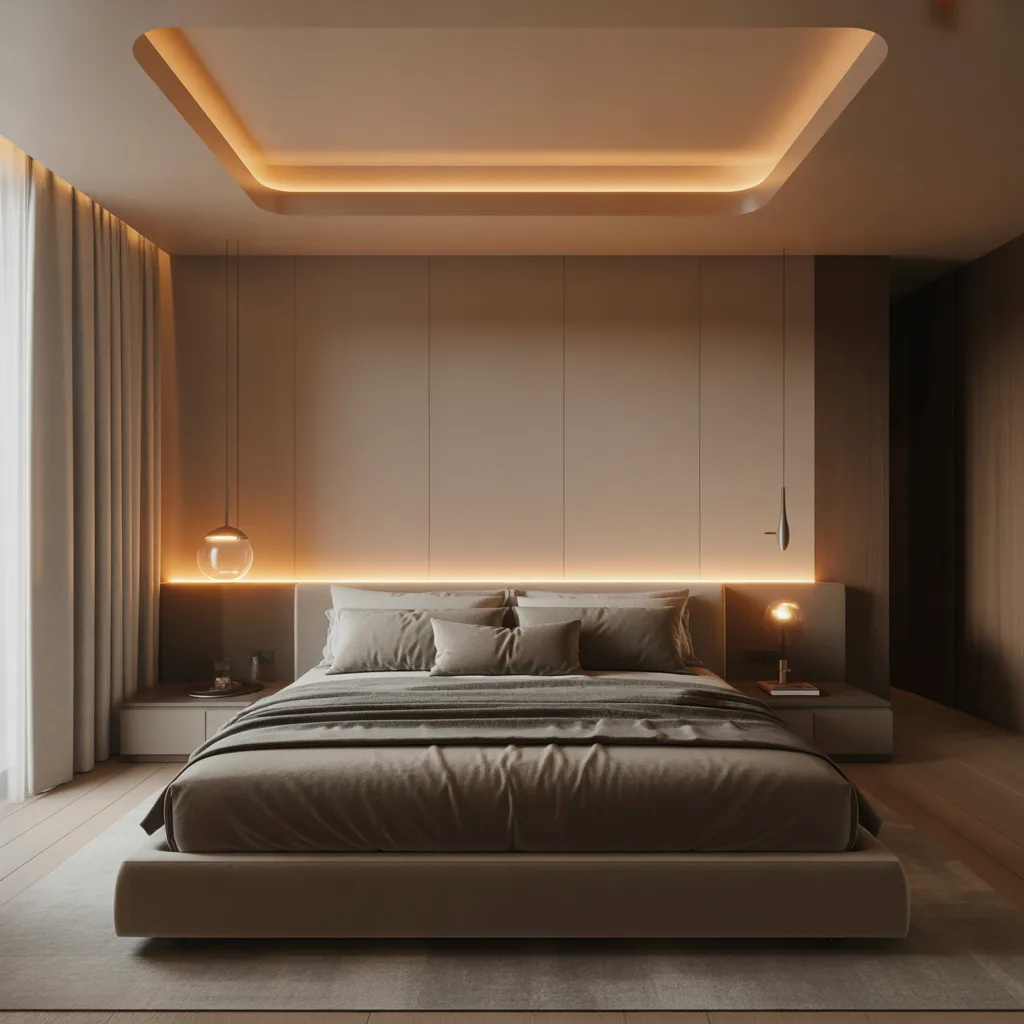 Circadian lighting system bedroom 2026 with recessed amber ceiling cove and platform bed