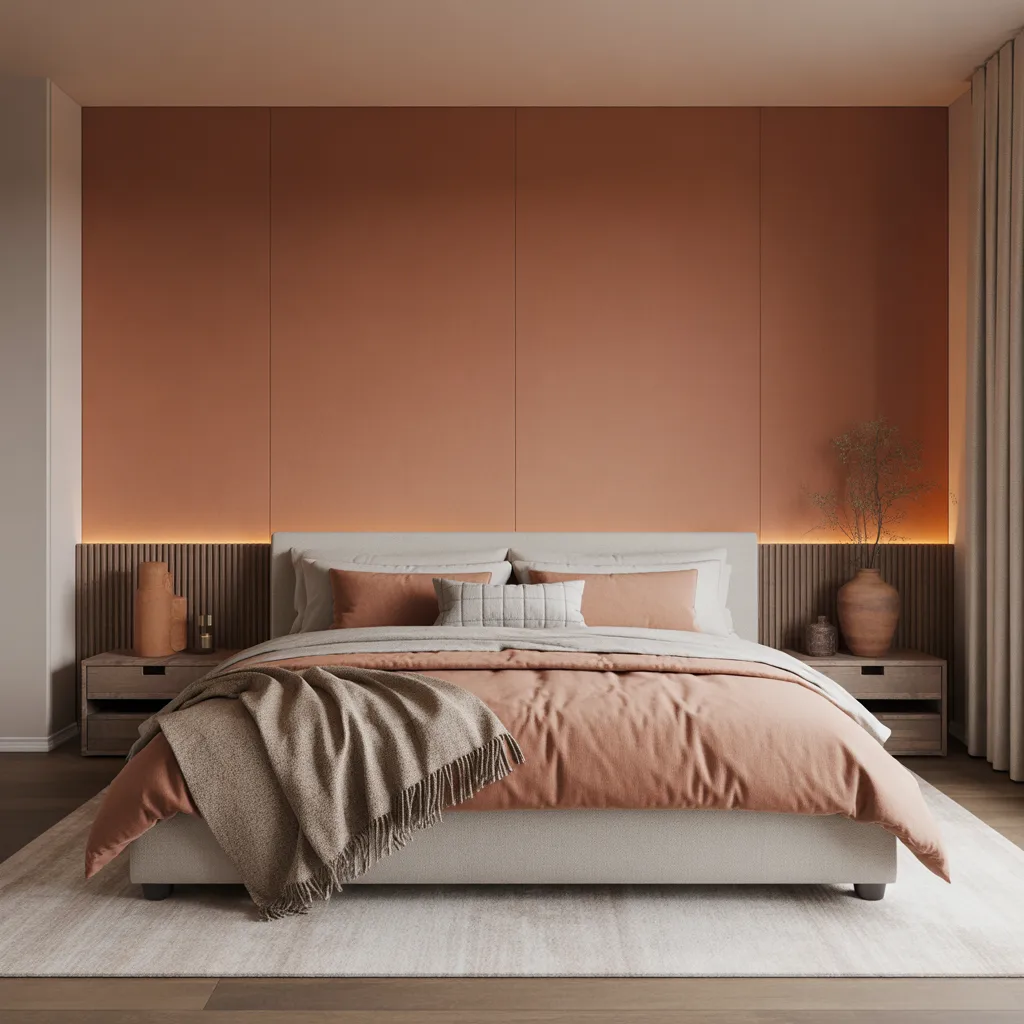 Soft neutral and earth tone bedroom palette 2026 with terracotta wall and ivory bedding