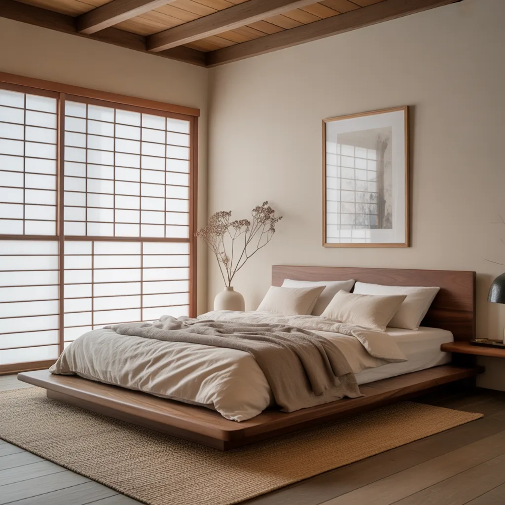 Japandi bedroom interior 2026 with walnut platform bed linen bedding and negative space