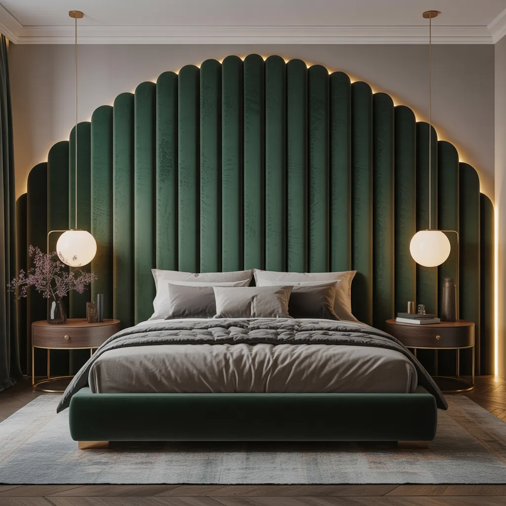 Statement curved velvet headboard bedroom 2026 in deep emerald green with brass accents