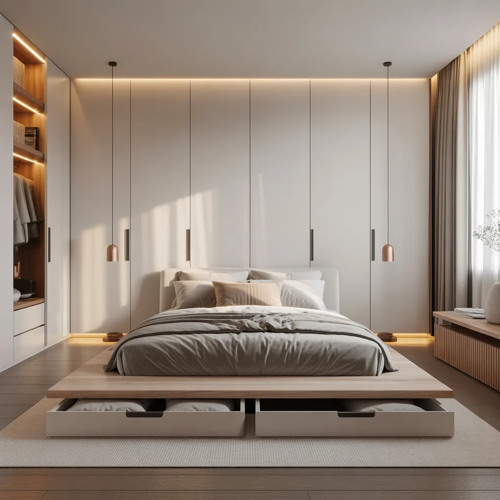 Minimalist clutter-free bedroom 2026 with built-in hidden storage and floating platform bed